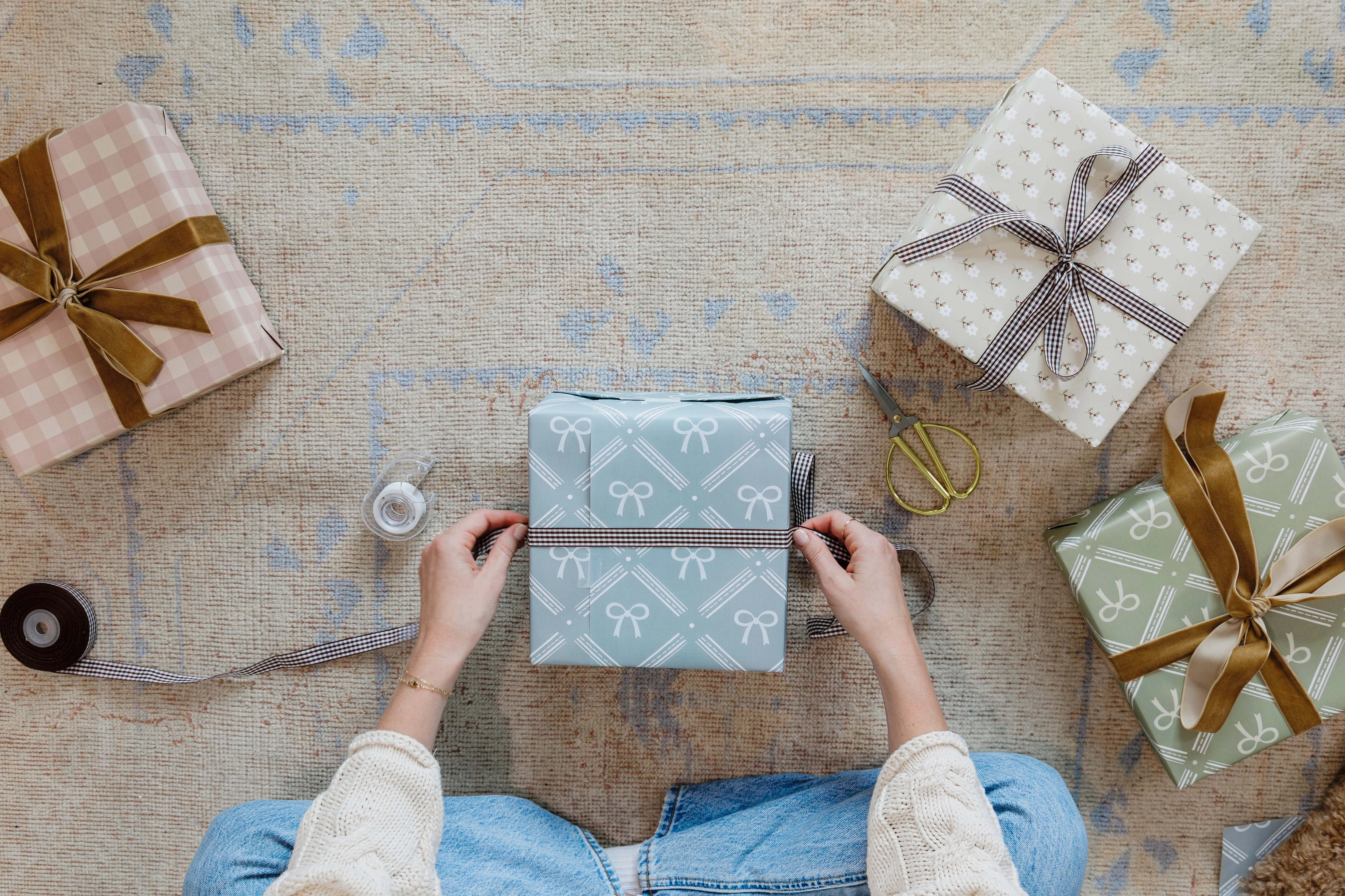 Blue Bow Patterned Gift Wrapping Paper - Image 4